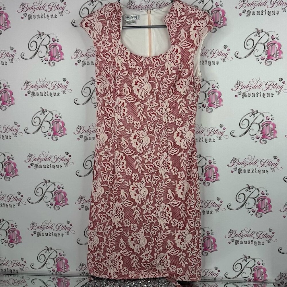 Kay Unger dress floral stretchy luxe Lacie flower Red and Cream Lace Dress